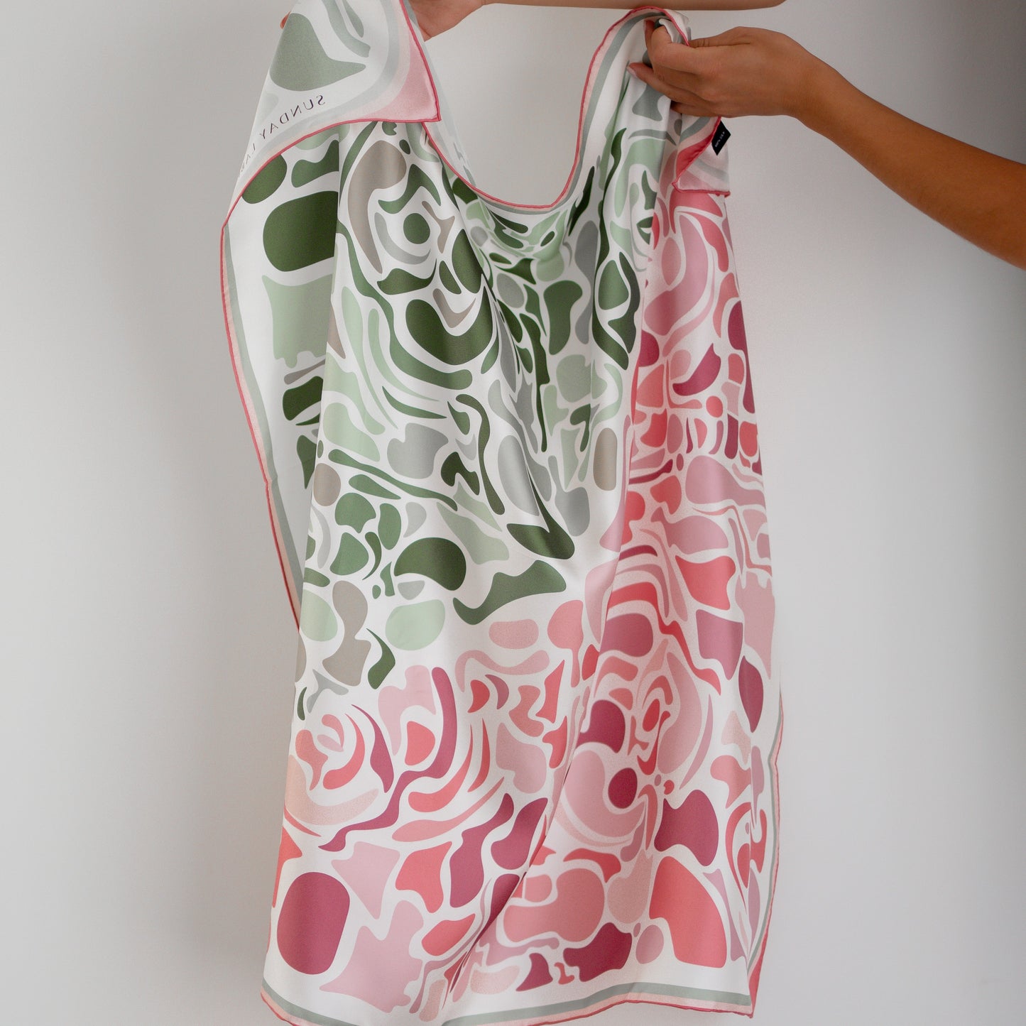 Pink and Green patterned square 90cm Sunday label silk twill scarf - barbara pink/green