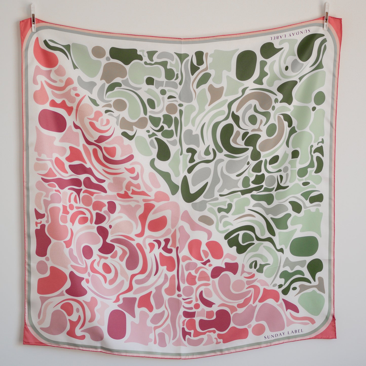Pink and Green patterned square 90cm Sunday label silk twill scarf